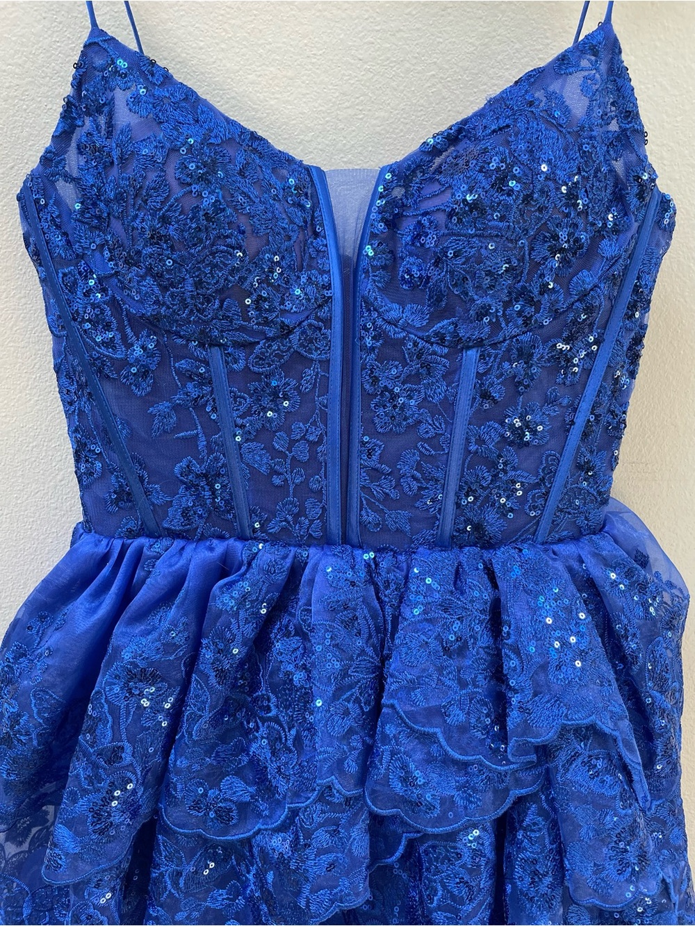 FLAWED Jovani Blue Prom Dress Sequin Corset High Slit Formal Pageant Gown, Sz 2 - Picture 8 of 14